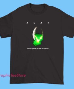 A T-shirt design featuring Alan in space, showcasing an astronaut named Alan floating among stars and planets, perfect for space enthusiasts and fans of space exploration.