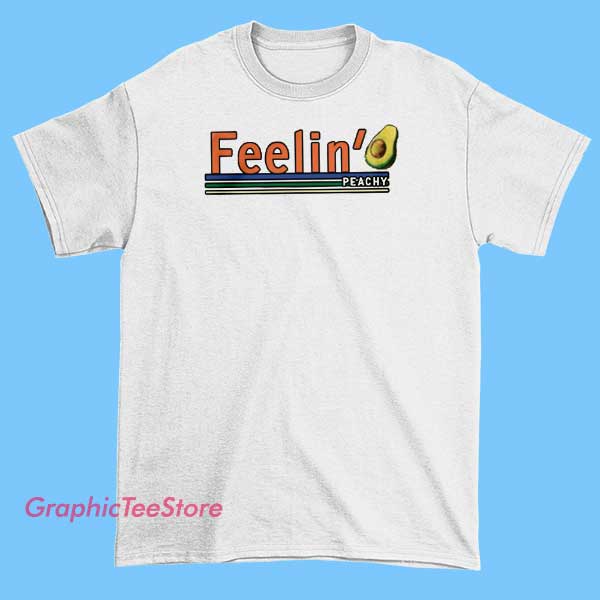 Feerlin' Peachy Avocado Graphic Tee Shirts 2 Graphic T-shirt showcasing a cute, colorful illustration of a peach and an avocado with playful, whimsical designs. The artwork emphasizes a fun, fresh aesthetic, perfect for casual, trendy wear.