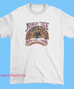 Graphic T-shirt showcasing a design inspired by Joshua Tree National Park, featuring iconic Joshua trees, desert landscapes, and vibrant sunset or sunrise colors, capturing the natural beauty of the park.