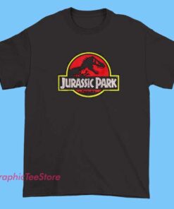 If you're looking for Jurassic Park logo graphic tees, these typically feature the iconic Jurassic Park logo with the silhouette of a T-Rex or Velociraptor and the classic red and black color scheme. They often include bold text like 