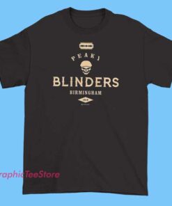 Peaky Blinders Birmingham 1919 Graphic Tee Shirts 4 Black graphic t-shirt featuring a vintage-style design with the text 'Birmingham 1919' and imagery inspired by the Peaky Blinders series, including elements like flat caps, cityscape silhouettes, and 1920s-inspired motifs.