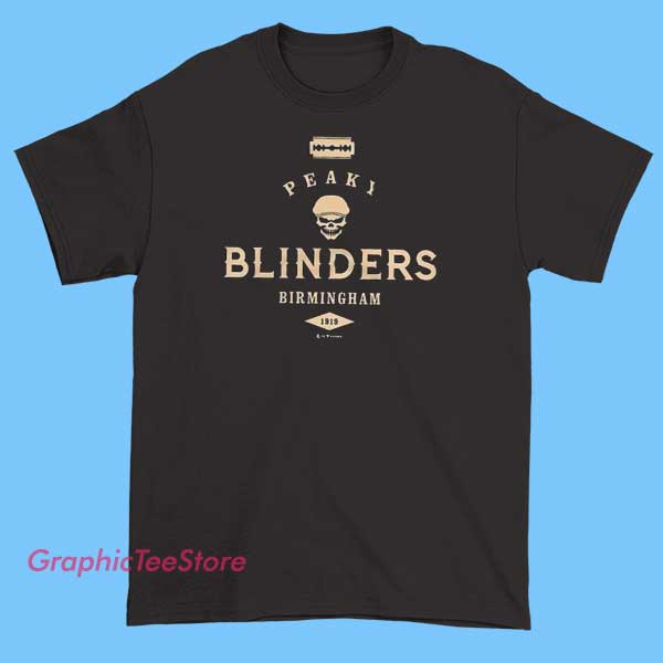 Peaky Blinders Birmingham 1919 Graphic Tee Shirts 2 Black graphic t-shirt featuring a vintage-style design with the text 'Birmingham 1919' and imagery inspired by the Peaky Blinders series, including elements like flat caps, cityscape silhouettes, and 1920s-inspired motifs.