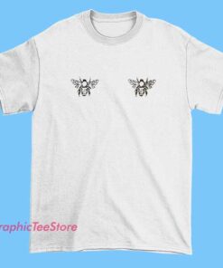 A graphic tee shirt featuring a playful design of cartoon bees with exaggerated, humorous breasts, combining bee motifs with cheeky, attention-grabbing artwork.