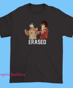 Erased Graphic Tee Shirts 3 A graphic T-shirt inspired by the anime 'Erased' (Boku dake ga Inai Machi), typically featuring artwork or symbols related to the series, such as the main character Satoru Fujinuma, the mysterious clock, or themes of time and memory. The design often has a dramatic or emotional tone reflecting the series' suspenseful story.