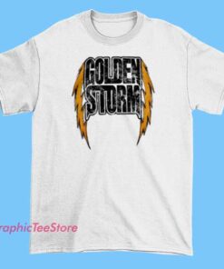 Golden Storm Graphic Tee Shirts 4 A vibrant graphic tee featuring a storm cloud with golden lightning bolts striking through, set against a dark background. The design includes bold, stylized text reading 'Golden Storm' with a dynamic, energetic feel, emphasizing power and intensity.