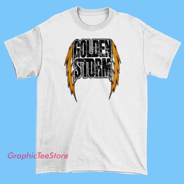 Golden Storm Graphic Tee Shirts 2 A vibrant graphic tee featuring a storm cloud with golden lightning bolts striking through, set against a dark background. The design includes bold, stylized text reading 'Golden Storm' with a dynamic, energetic feel, emphasizing power and intensity.