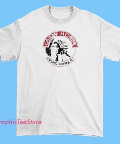 A graphic T-shirt featuring an artistic depiction inspired by Crazy Horse Paris, with bold imagery of a cabaret dancer or iconic Parisian elements, incorporating vibrant colors and stylish typography to evoke the lively, glamorous atmosphere of Paris nightlife.