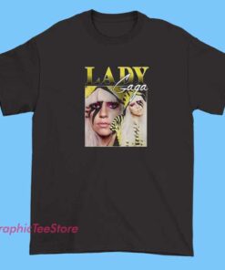 A graphic T-shirt featuring vibrant images and designs inspired by Lady Gaga, showcasing her bold style, colorful graphics, and iconic imagery perfect for fans.