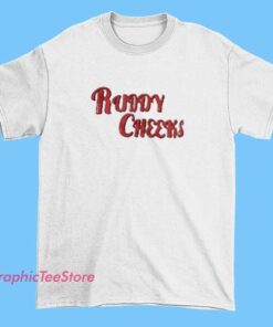 A graphic tee shirt featuring a vibrant illustration of a person with rosy, ruddy cheeks, adding a playful and lively touch to the design.