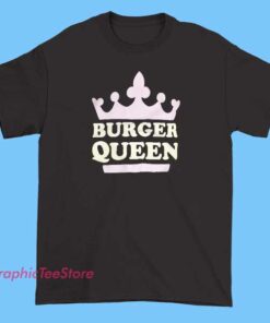 A fun and stylish T-shirt design featuring a crown topped with a burger, symbolizing the "Burger Queen." The design highlights a playful, regal theme with bold lettering that says "Burger Queen," perfect for fans of burgers and fun fashion. The artwork may include vibrant colors and a crown motif to emphasize the queenly, burger-loving vibe.