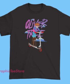 A collection of Oliver Tree-themed scooter T-shirts featuring vibrant graphics, bold logos, and playful designs inspired by the artist's unique style and love for scooter culture.