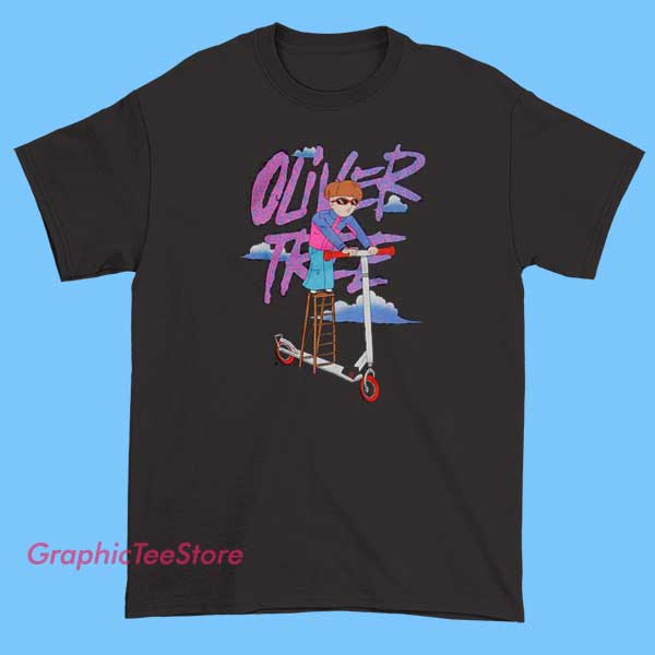 Oliver Tree Scooter Tee Shirts 1 A collection of Oliver Tree-themed scooter T-shirts featuring vibrant graphics, bold logos, and playful designs inspired by the artist's unique style and love for scooter culture.