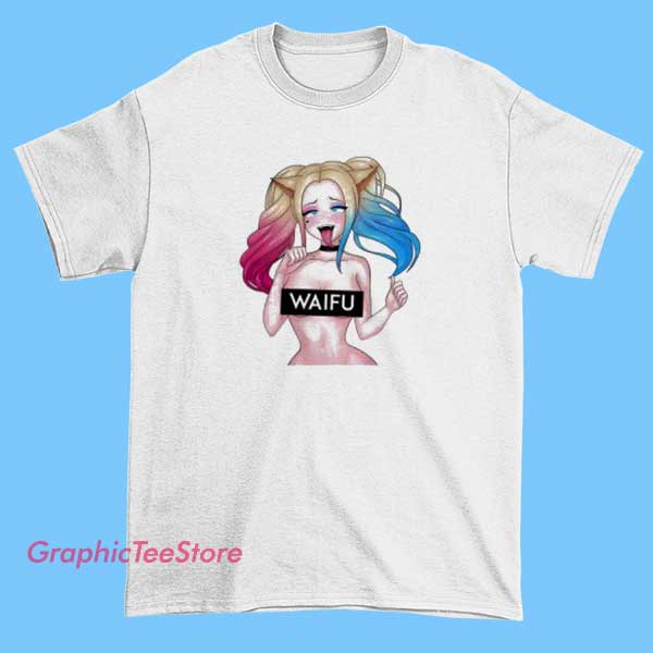 Harley Quinn Ahegao Face Tee Shirts 2 T-shirt design with an illustration of Harley Quinn making a playful, exaggerated facial expression.
