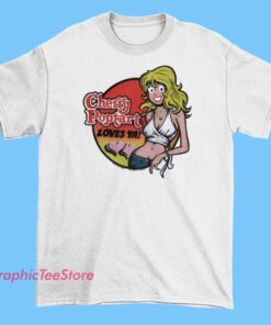 Graphic T-shirt featuring the phrase 'Cherry Poptart' alongside an illustration inspired by Larry Welz's art style, incorporating colorful, edgy, and pop art elements