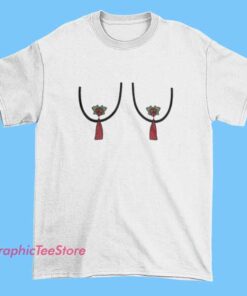 A festive Christmas-themed T-shirt featuring playful and humorous graphics, including nipple tassels incorporated into holiday designs such as Santa hats, Christmas trees, or ornaments. The style is fun, cheeky, and suitable for holiday parties or celebrations