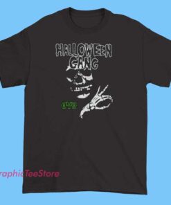 Black OVO Halloween Gang T-shirt featuring spooky-themed graphics such as pumpkins, ghosts, or bats, along with the OVO logo and Halloween-inspired design elements.