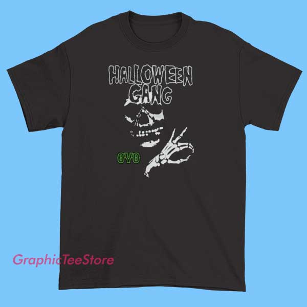OVO Halloween Gang Tee Shirts 1 Black OVO Halloween Gang T-shirt featuring spooky-themed graphics such as pumpkins, ghosts, or bats, along with the OVO logo and Halloween-inspired design elements.