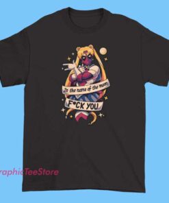 A playful T-shirt design featuring a mash-up of Sailor Moon and Deadpool characters, blending the iconic anime heroine with the humorous antihero in a fun, vibrant style.