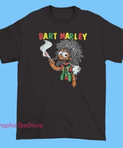Casual T-shirt featuring Bart Simpson styled with Rasta colors—red, yellow, and green—along with dreadlock graphics and Marley-inspired motifs, blending pop culture with reggae vibes for a fun, edgy look.