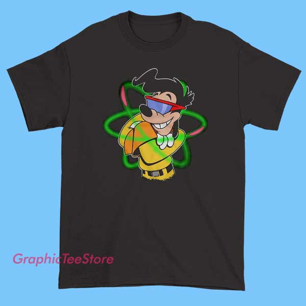 Goofy Movie Powerline Tee Shirts 2 A colorful graphic tee featuring Powerline, the energetic pop star from Disney's Goofy Movie. The design shows Powerline with vibrant, neon-like colors, performing on stage with dynamic lights and musical notes, capturing a fun and lively vibe