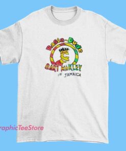 Fun graphic T-shirt showcasing Bart Simpson with Rasta-inspired style—dreadlocks, colorful red, yellow, and green accents, and Marley-themed elements—combining pop culture and reggae culture in a vibrant, playful design.