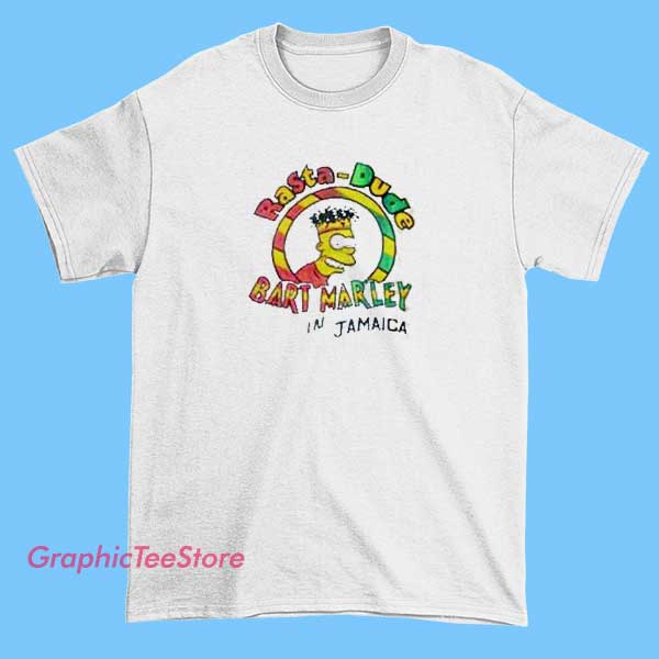 Rasta Dude Bart Marley Tee Shirts 1 Fun graphic T-shirt showcasing Bart Simpson with Rasta-inspired style—dreadlocks, colorful red, yellow, and green accents, and Marley-themed elements—combining pop culture and reggae culture in a vibrant, playful design.