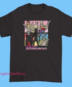 A T-shirt design inspired by *The Elder Scrolls III: Morrowind*, featuring iconic elements such as the Vivec City skyline, the Red Mountain, the Ashlands, or the game’s logo and imagery like the Daedric symbols or the Wraithguard. Great for fans of the classic RPG!