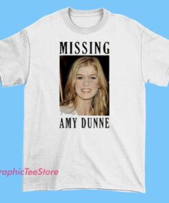 A vintage-style T-shirt featuring Amy Dunne from 'Gone Girl' with the text 'Missing' prominently displayed, designed with distressed or retro aesthetics to evoke a nostalgic or classic look, capturing the mysterious and psychological tone of the character.