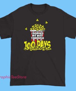 Popcorn 100 Days of School Tee Shirts 3 A colorful T-shirt design celebrating 100 days of school, featuring playful popcorn illustrations and the text