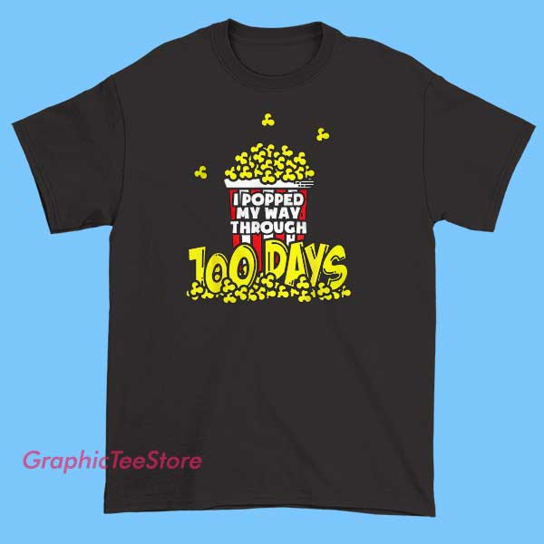 Popcorn 100 Days of School Tee Shirts 2 A colorful T-shirt design celebrating 100 days of school, featuring playful popcorn illustrations and the text "100 Days of School" in bold, cheerful fonts.