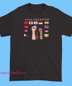 T-shirt featuring the Asian Lives Matter flag design, with bold colors and symbols representing unity and solidarity, incorporating elements like the Asian flag or related motifs, and emphasizing messages of support and awareness.