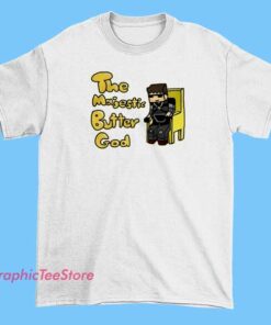A fun and whimsical T-shirt design featuring "The Majestic Butter God." The artwork could showcase a regal, divine butter character with a crown or scepter, surrounded by golden butter splashes or rays of light to emphasize majesty. The font can be bold and royal, giving the shirt a humorous yet epic vibe perfect for butter lovers and fans of quirky humor.