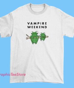 A humorous meme-inspired T-shirt design featuring frogs with vampire weekend-inspired themes, combining playful frog illustrations with vampire motifs and musical references for a fun, pop-culture crossover look.