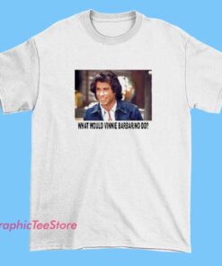 Vintage-style caricature of Vinnie Barbarino with exaggerated features and a goofy smile for a funny T-shirt graphic.