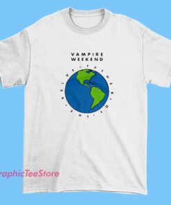 Vampire Weekend Earth Meme Tee Shirts 3 Black T-shirt featuring a humorous Earth meme with the Vampire Weekend logo, showcasing a playful design that combines environmental themes with band branding