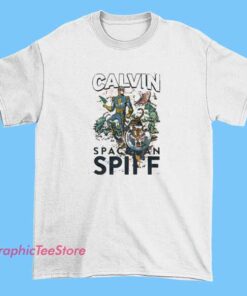 A cartoon illustration of Spaceman Spiff, the adventurous space hero, depicted in a playful and colorful style suitable for T-shirt designs.