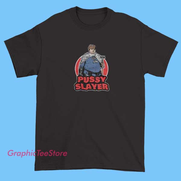 Funny Pussy Slayer Graphic Tee Shirts 2 Humorous graphic T-shirt featuring a playful design with bold text that reads 'Pussy Slayer' alongside a cartoon illustration of a confident cat wearing sunglasses and a mischievous smile.