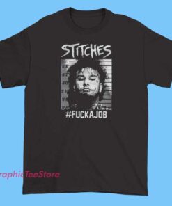 A collection of T-shirts featuring graphic designs of rapper Stitches, including his mugshot and stylized artwork inspired by his persona and music.