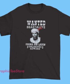 A vintage-style Osama Bin Laden T-shirt featuring a retro graphic design of his portrait with bold, stylized text and distressed details for a nostalgic or rebellious look.