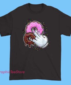 A funny and cheeky T-shirt featuring a humorous meme or graphic involving donuts and adult humor, designed with bold colors and playful text to make a lighthearted, dirty joke