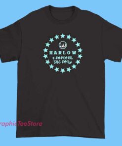 A white T-shirt featuring the Harlow Luna logo or branding, designed for merchandise sales.