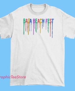 Colorful Baja Beach Fest merchandise T-shirt with vibrant graphics of waves, palm trees, and festival logo, celebrating the lively beach music event with a fun, summery design