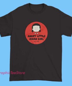 A graphic T-shirt featuring a cute yet slightly angry little Asian girl with a playful or sassy expression, accompanied by a stylized bird—perhaps perched on her shoulder or nearby. The artwork can be cartoonish or artistic, with bold lines and vibrant colors to capture a fun, edgy vibe. This design blends humor and personality for a unique statement tee.