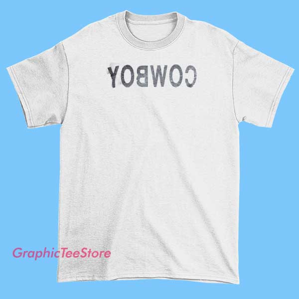 Vintage Helmut Lang Cowboy T Shirt 2 A vintage Helmut Lang T-shirt featuring a cowboy-inspired design, with classic Western motifs such as a cowboy silhouette or cowboy hat, in a worn-in, retro style that reflects the brand's minimalist and edgy aesthetic.