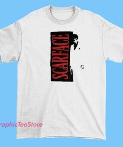 A vintage-style Scarface T-shirt available at Zara featuring a retro graphic design of Tony Montana's iconic image from the movie, with bold text and a distressed finish giving it a classic, worn-in look.