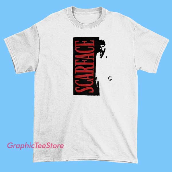 Vintage Scarface T Shirt Zara 2 A vintage-style Scarface T-shirt available at Zara featuring a retro graphic design of Tony Montana's iconic image from the movie, with bold text and a distressed finish giving it a classic, worn-in look.