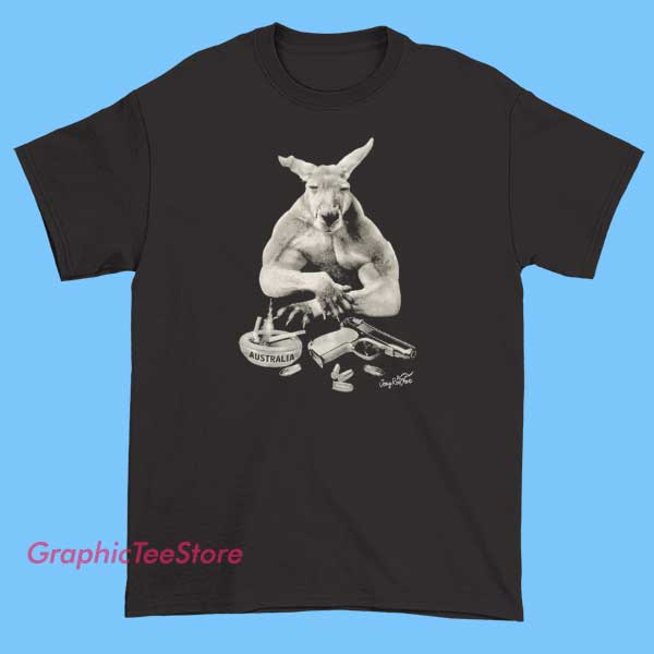 Vintage Joey Roo Australia T Shirt 2 Vintage-style T-shirt featuring a graphic of a kangaroo and Australian flags with the text 'Joey Roo Australia' in retro font.