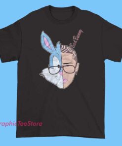 A vibrant white T-shirt featuring a bold graphic design of Bad Bunny with Puerto Rican flag elements.