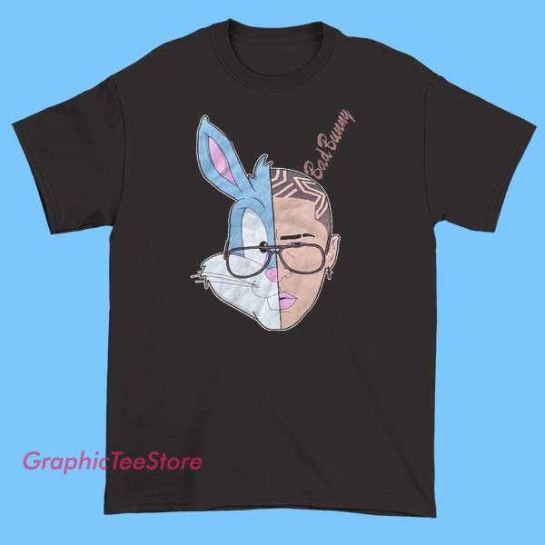 Bad Bunny Puerto Rico Tee Shirts 1 A vibrant white T-shirt featuring a bold graphic design of Bad Bunny with Puerto Rican flag elements.