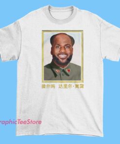 A stylish white T-shirt featuring a graphic design of LeBron James with the text "Barstool the King" and imagery referencing China.